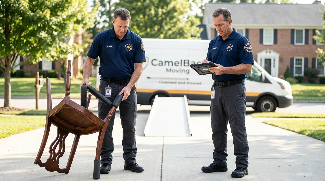 Movers inspecting furniture for damage prevention before loading in Hope Mills, NC