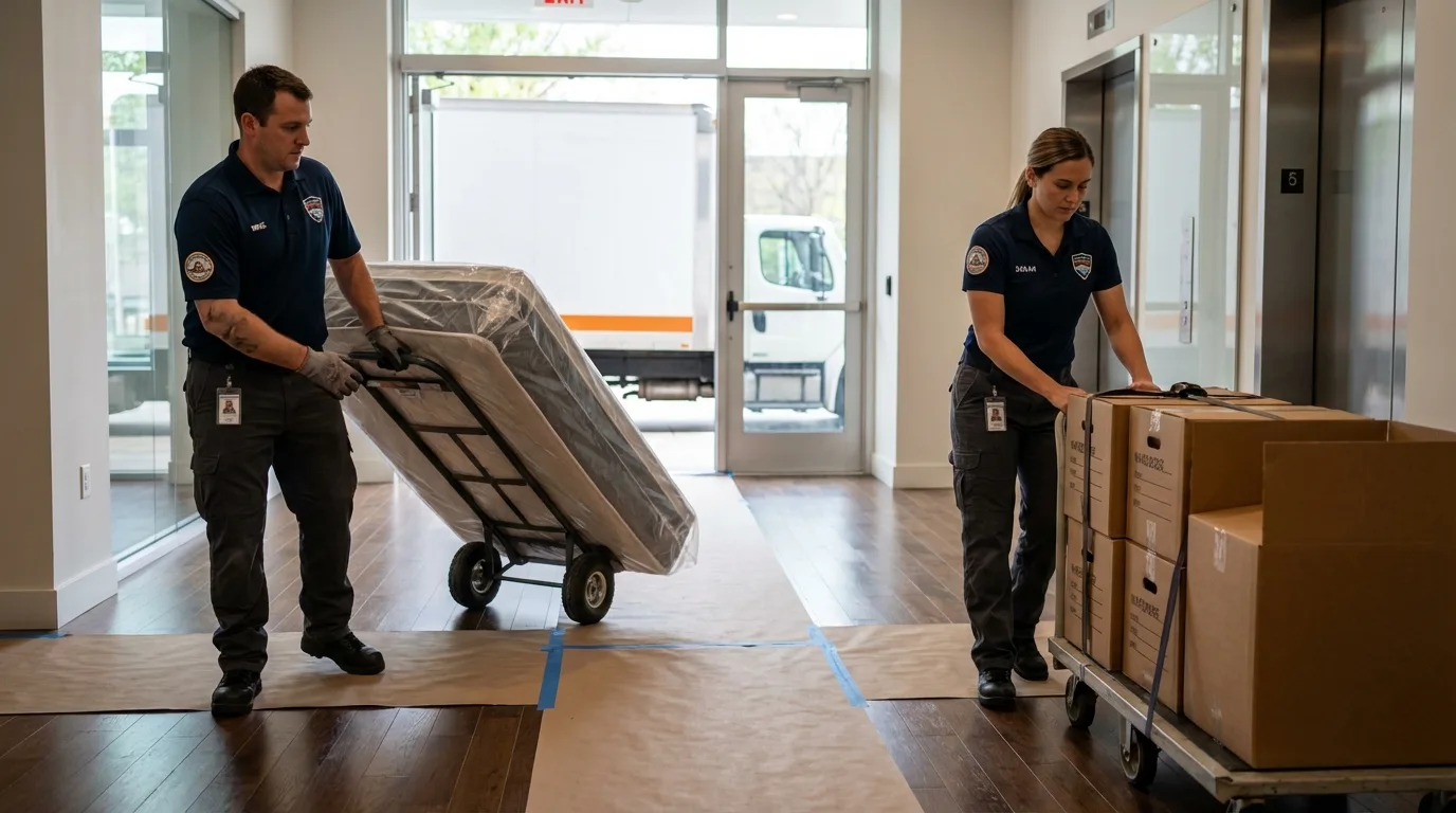 Professional apartment movers loading elevator in Hope Mills, NC